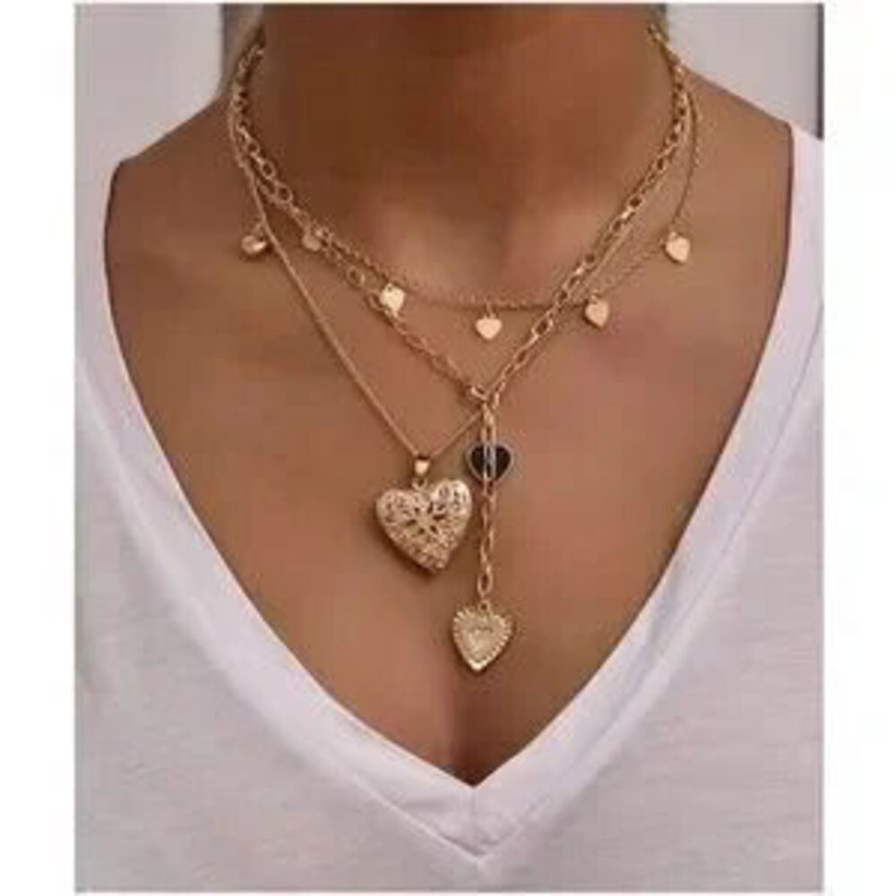 Vday Hearts Locket Multilayer 2 piece Necklace Set